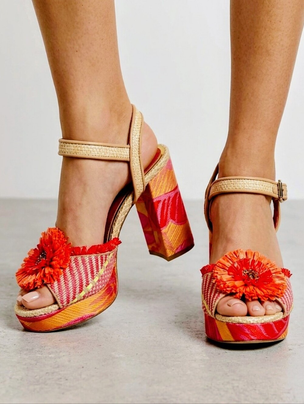 Colorful Platform Sandals with Floral Accent - Pink & Orange